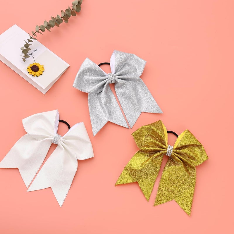 Hipcheer Large Glitter Silver Cheer bow, Hipcheer 8 Inch Large Jumbo Cheer Hair Bows Ponytail Holder Elastic Band Handmade for Cheerleaders Teen Girls College Sports (Glitter Silver) - Image 3